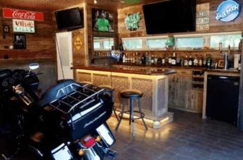 motorcycle bar themed man cave