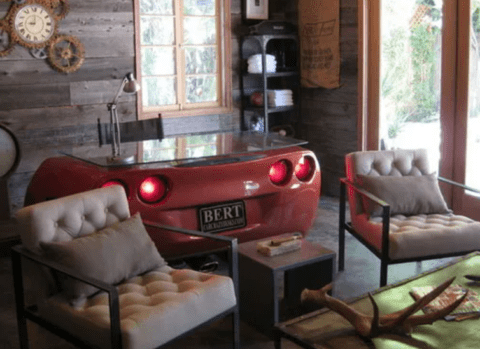 rustic themed man cave with corvette desk