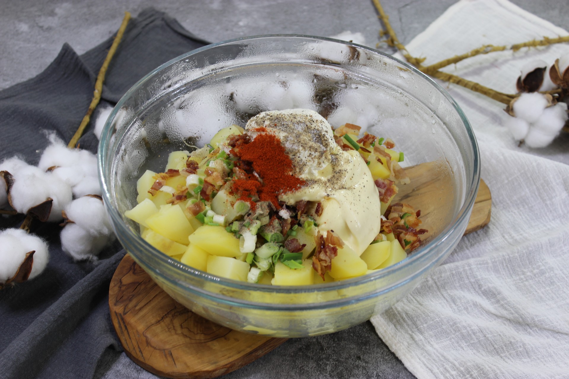 mixing bowl with potato salad ingredients