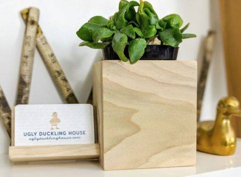 wooden desk planter & business card holder