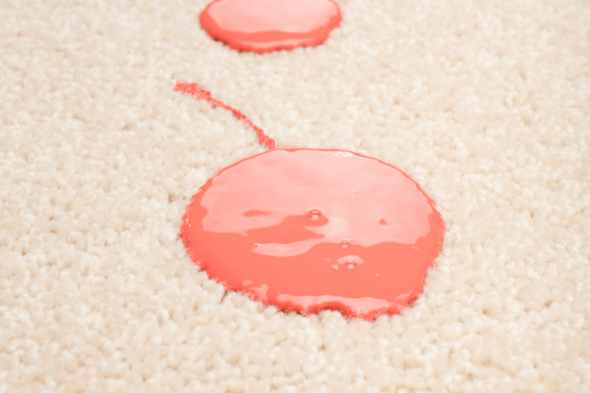 blob of pink paint on white carpet close up with another in background