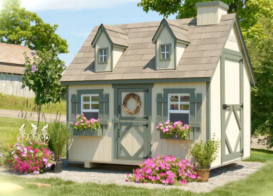 Kids tiny home with flowers upfront.