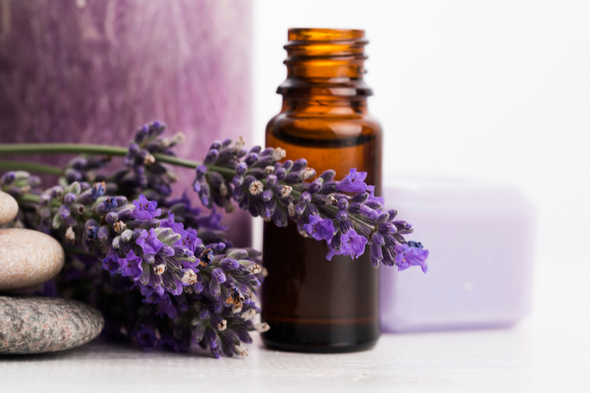 amber bottle with springs of lavender in front