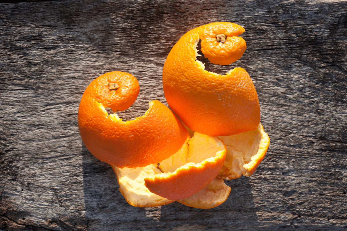 orange peels on wood background close up