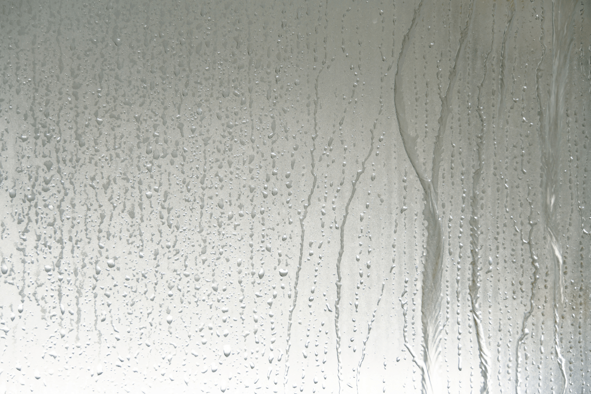 steamed glass shower door close up