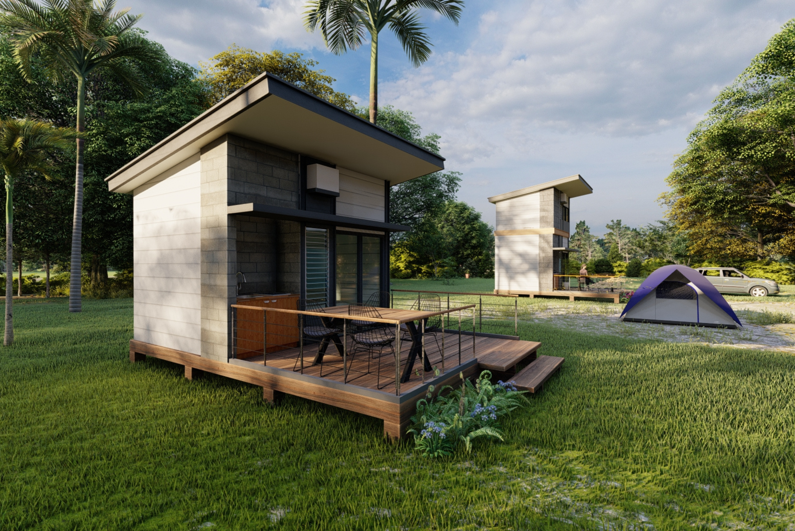 Tiny home with front deck with a camping tent in the background.