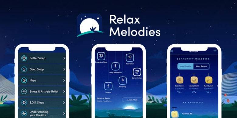 relax melodies app ad with three screenshots of in app user experience