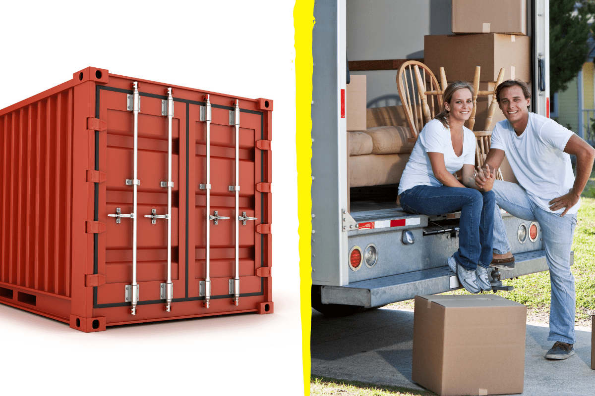 red shipping container side by side with couple posing on moving van