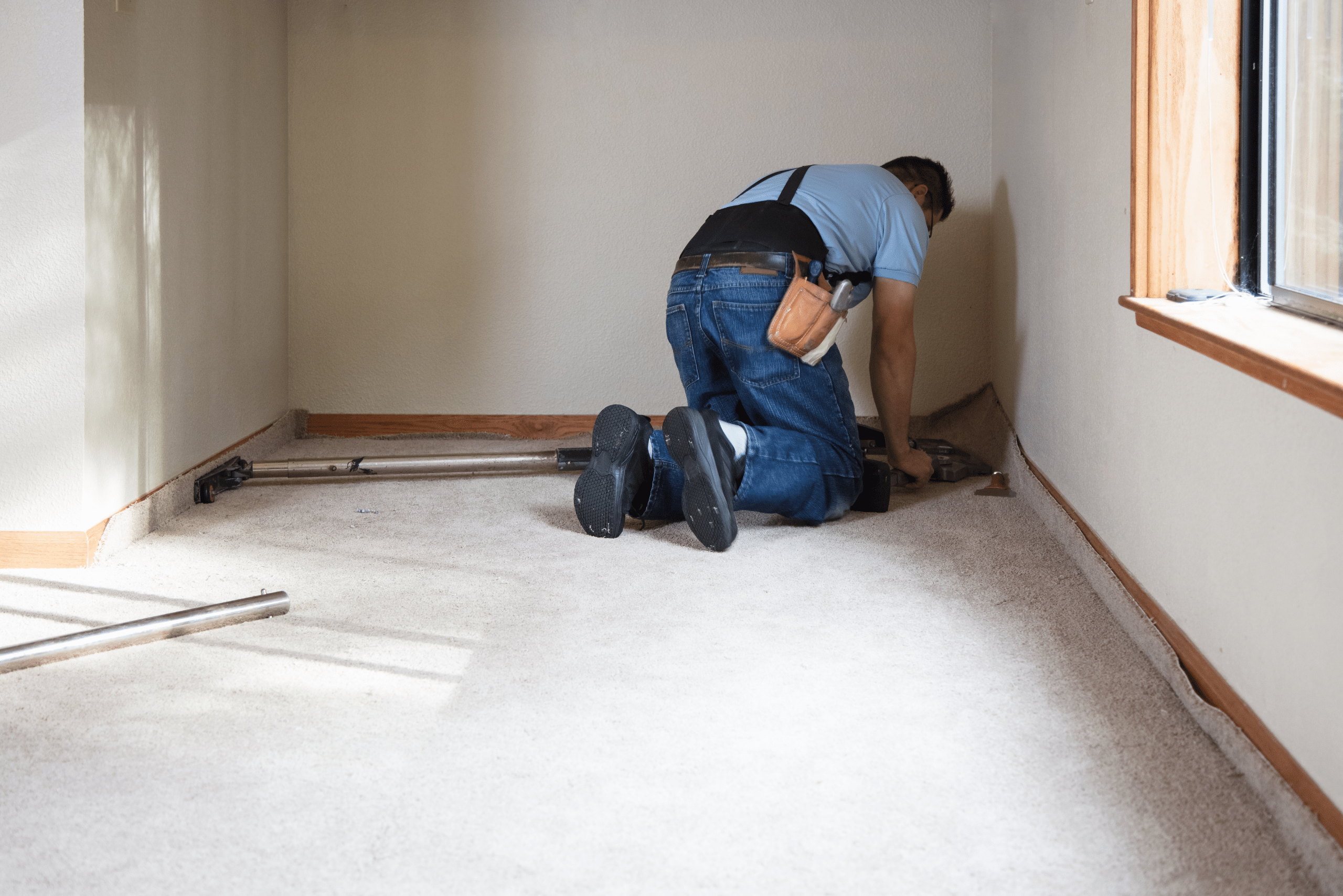 Worker using a carpet stretcher to get the carpet installed flush.