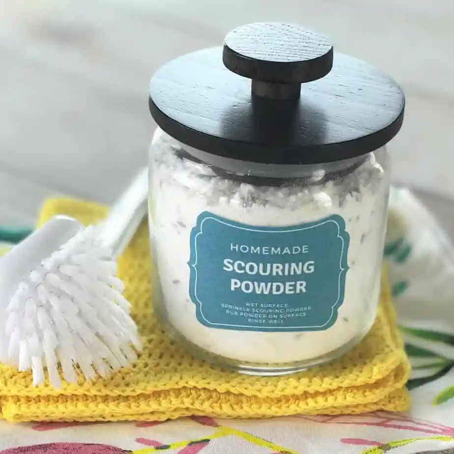 white powder in jar labelled 'homemade scouring powder'