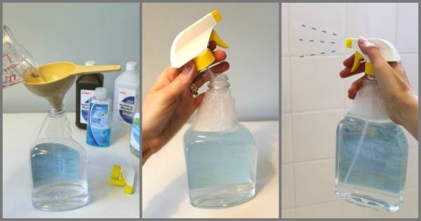 tri-fold images of cleaning product being transferring into spray bottle