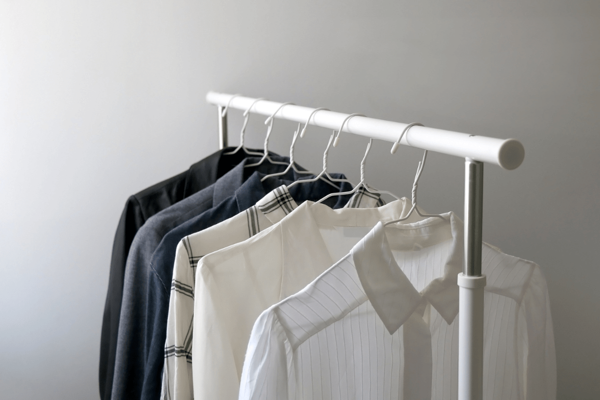 white clothing rack with men's dress shirts hanging
