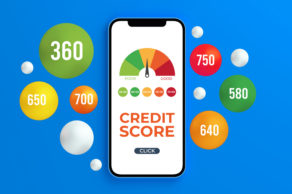 blue background phone screen with credit score on screen digital illustration