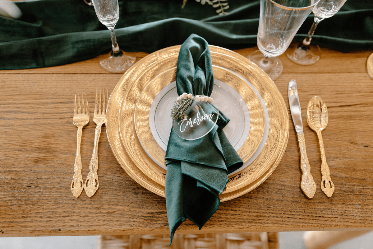 close up of a table setting at a wedding