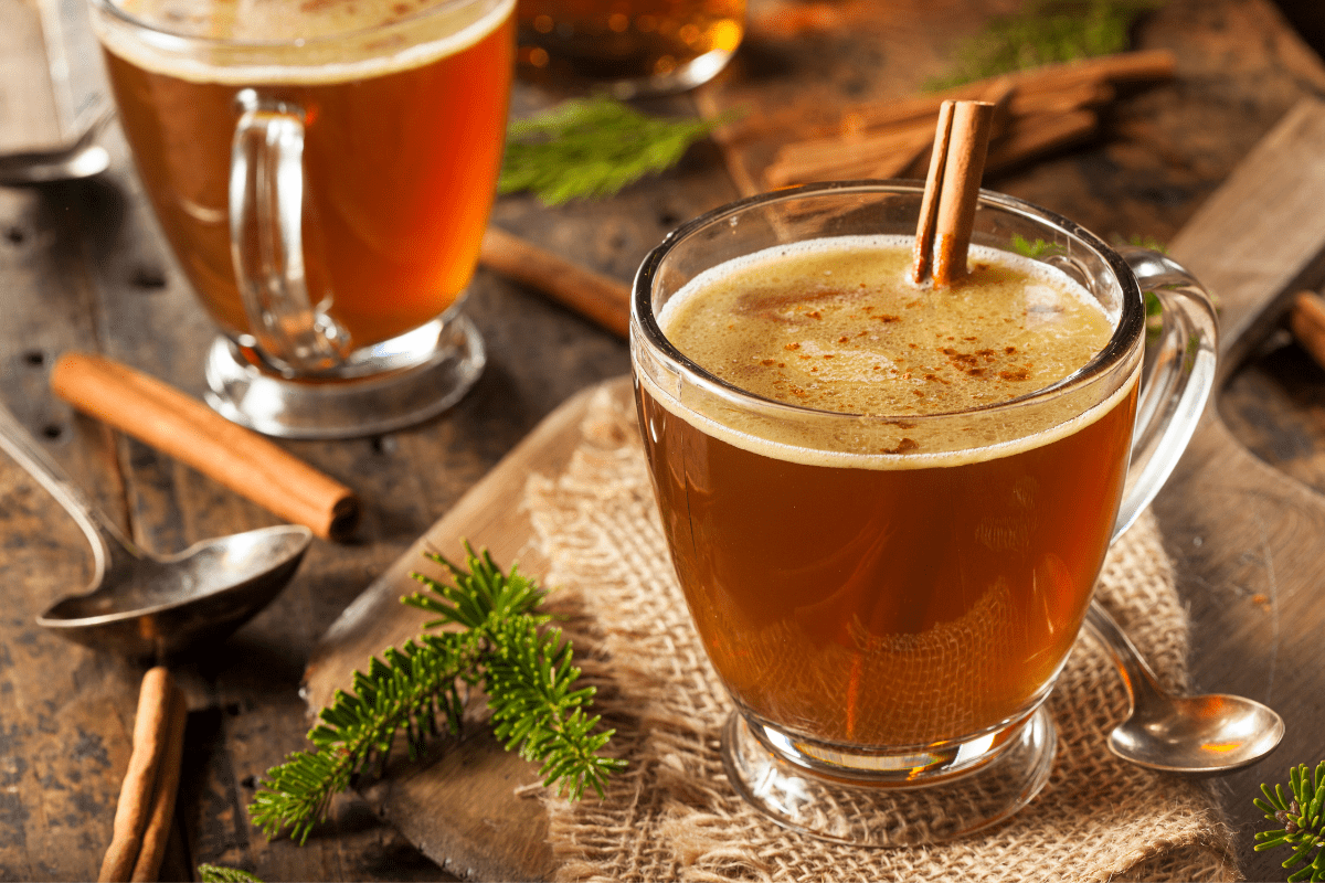 hot buttered rum drink on burlap background