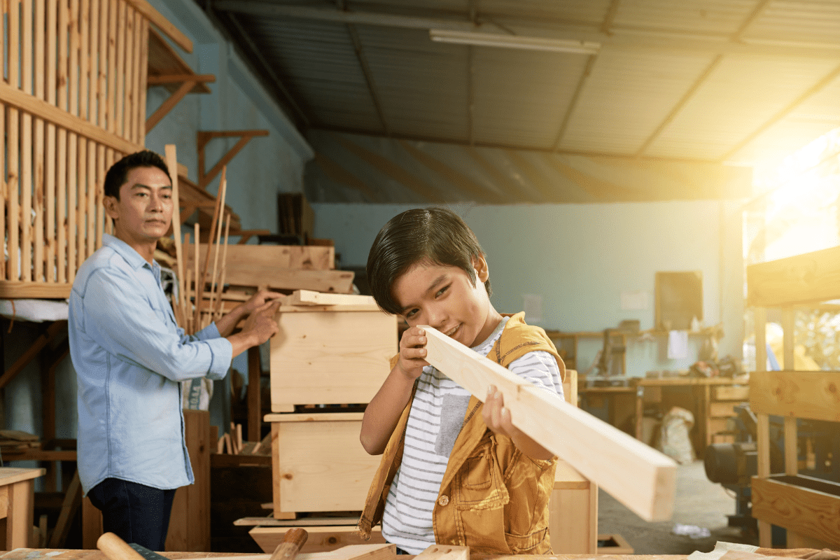 father and son woodworking together