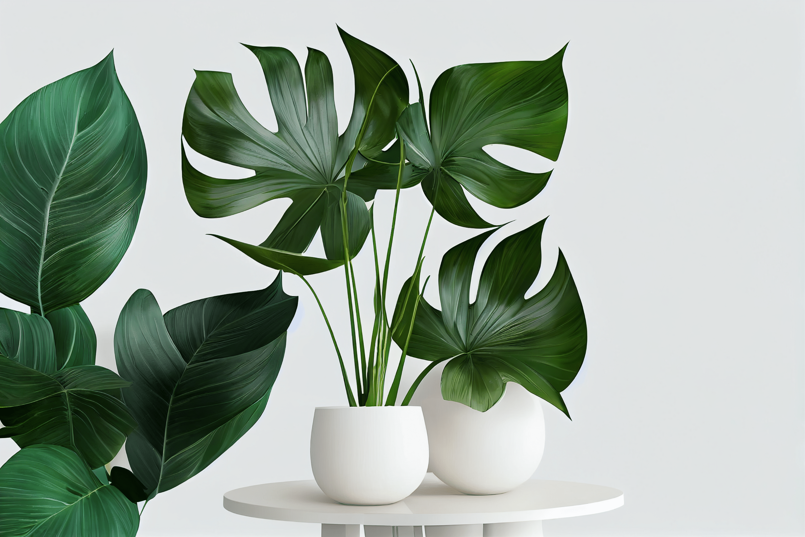 Monstera Deliciosa in a white pot on a table