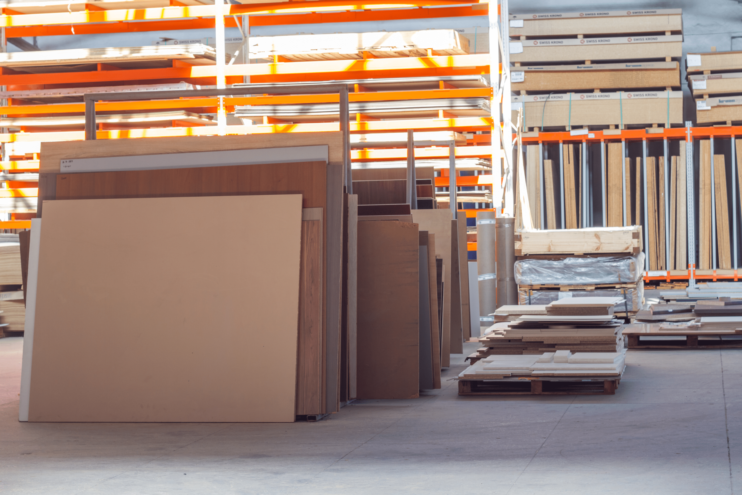 MDF boards are stored in a warehouse