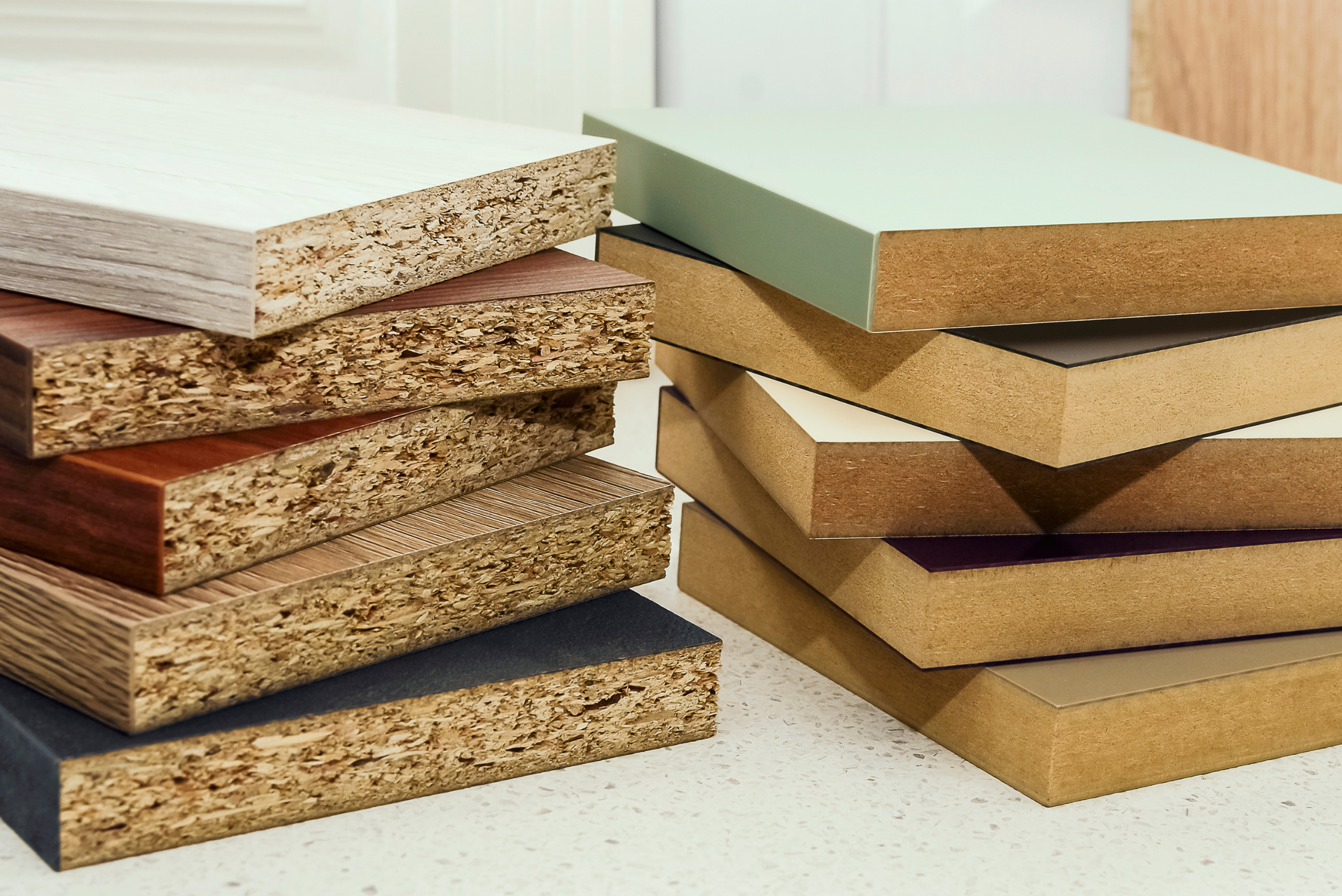A stack of MDF samples beside a stack of particle boards