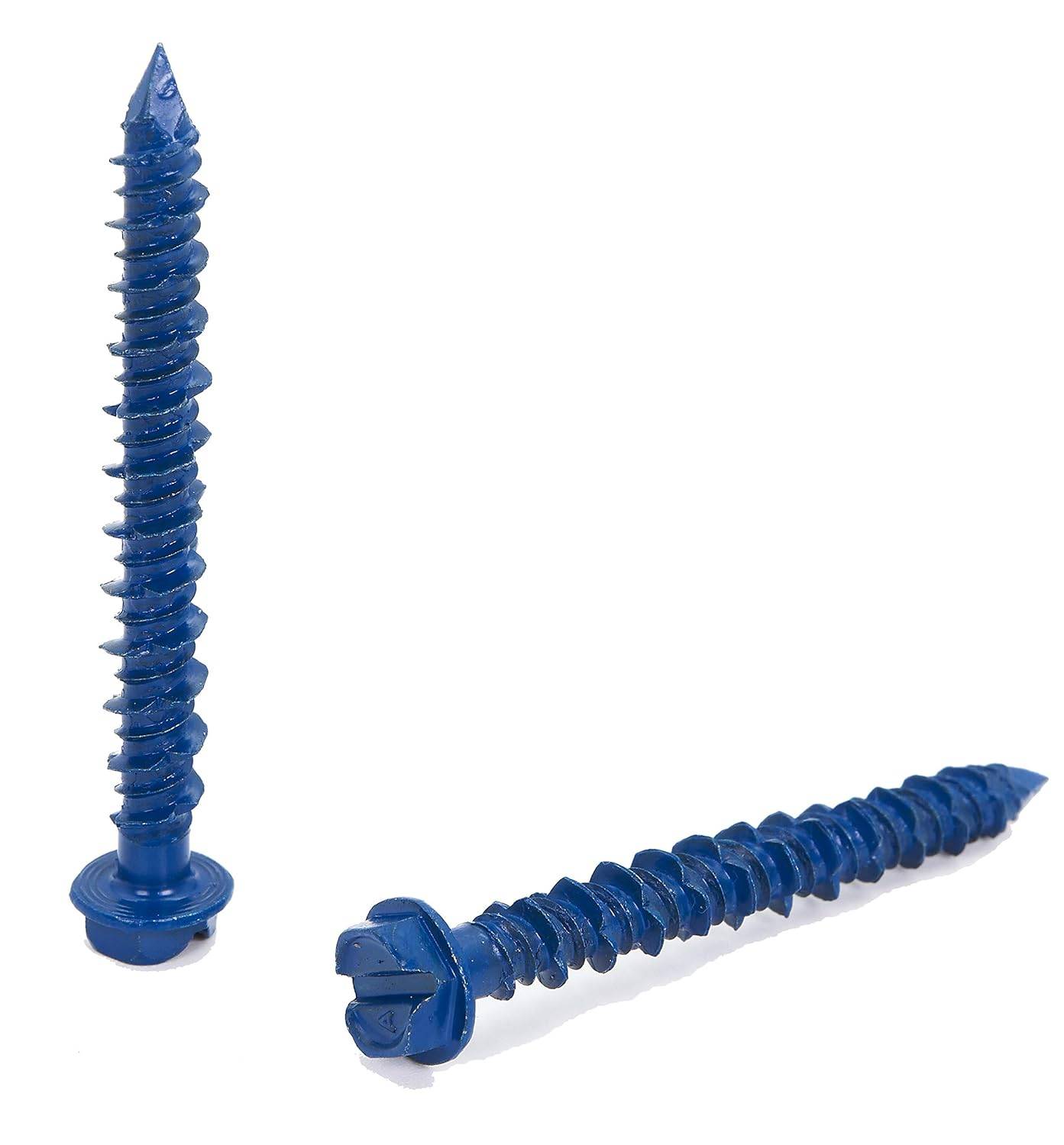 Two blue concrete screws against a white background.