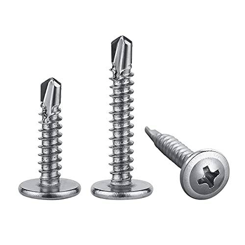 Three self-tapping screws on a white background.