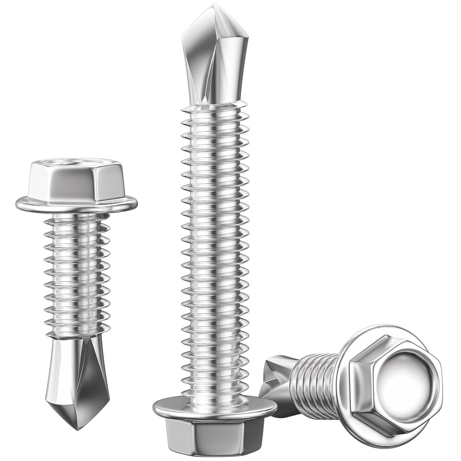 Stock image of three sheet metal screws.