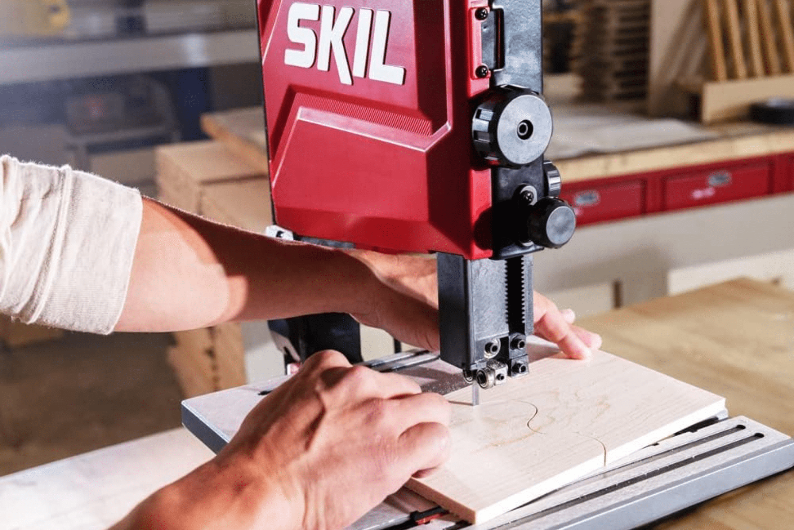 Band saw cutting wood.