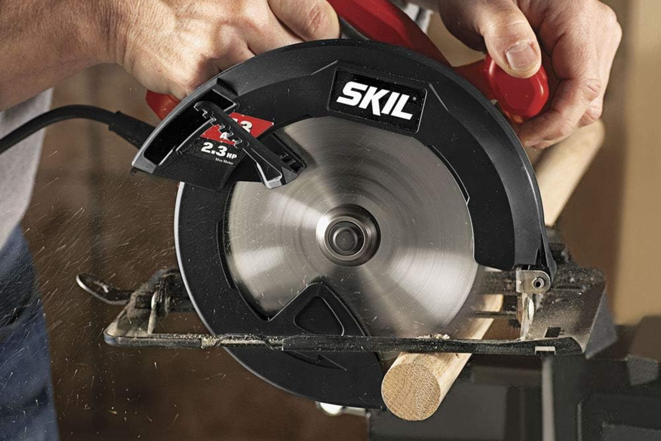 Circular saw cutting a wood piece that's secure in vise.
