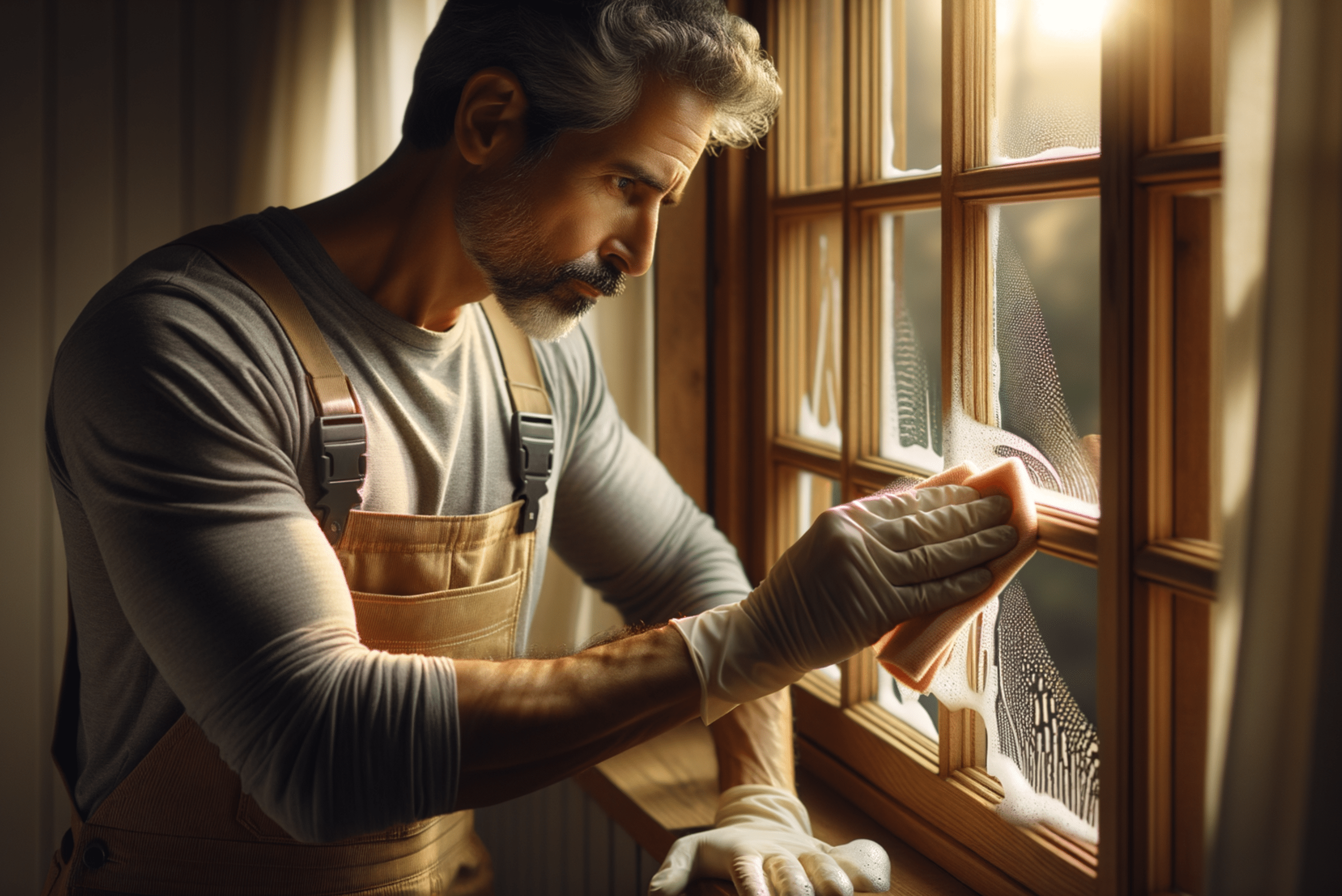 Man cleaning window trim with soap and water.