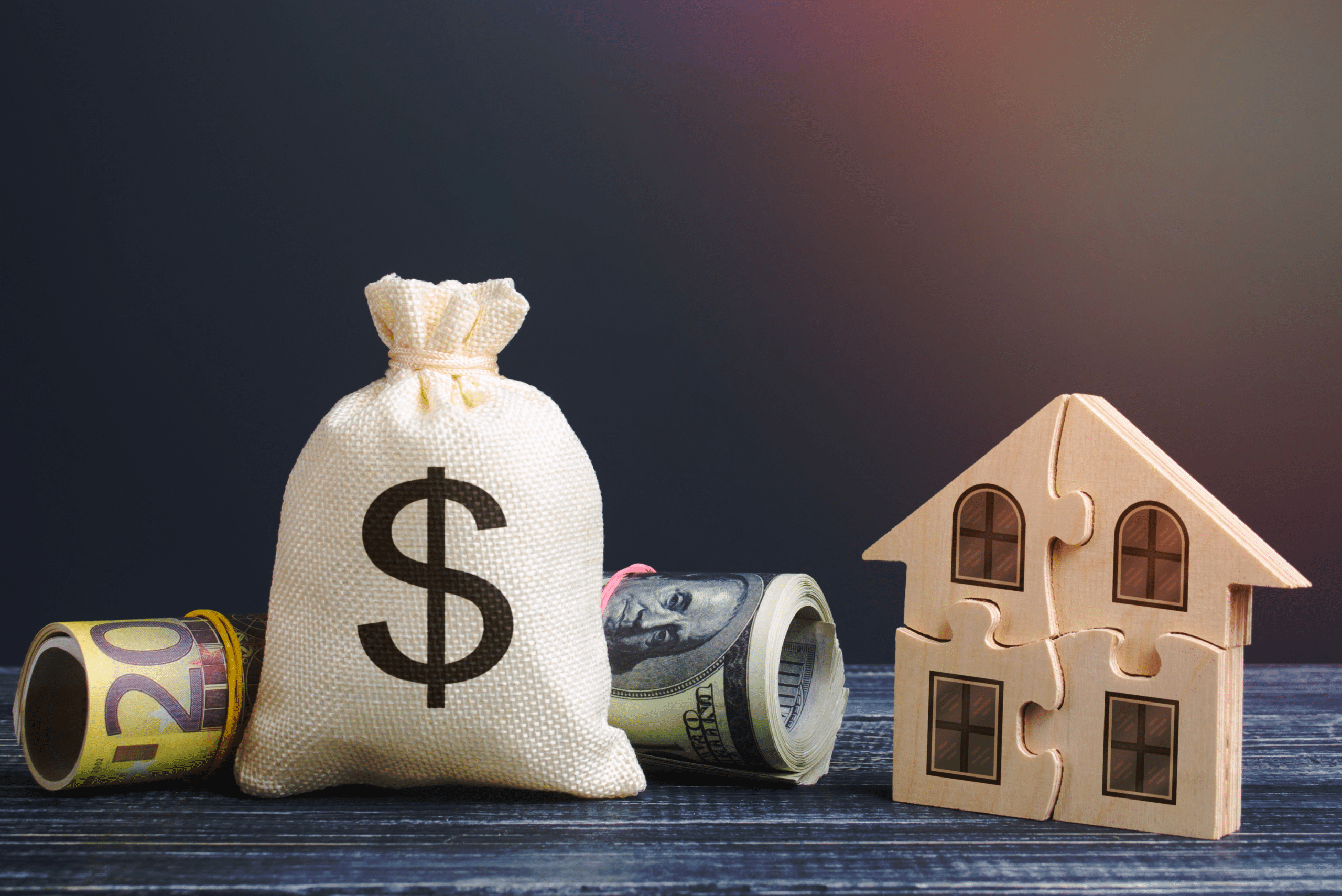 House-shaped puzzle near a stack with dollar sign and rolls of cash.