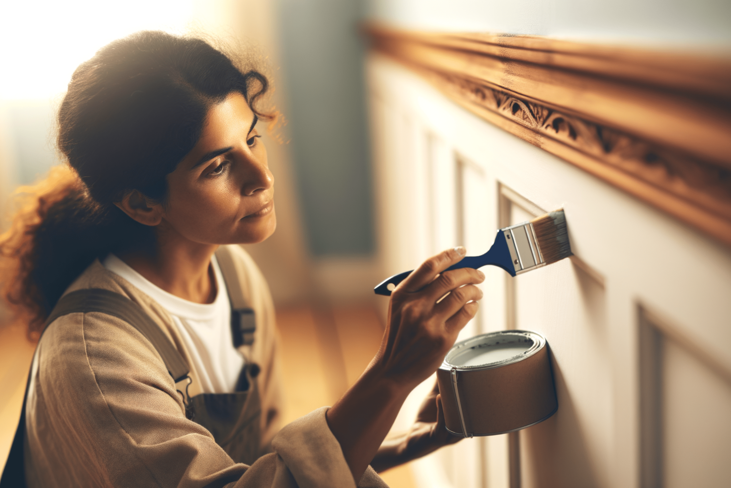 Person using a brush to paint trim while holding a can of paint in the other hand.