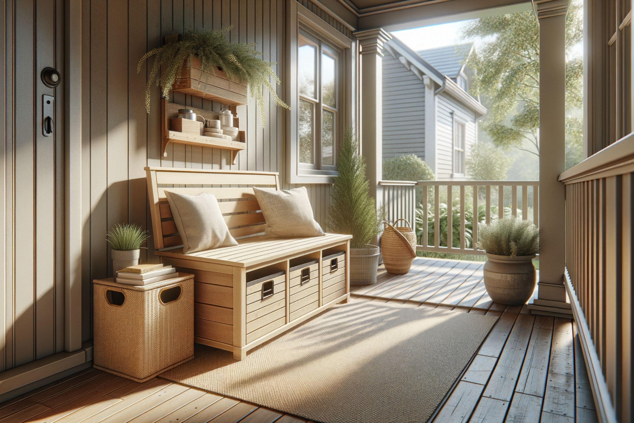 Outdoor bench on the front deck with pull out storage boxes.