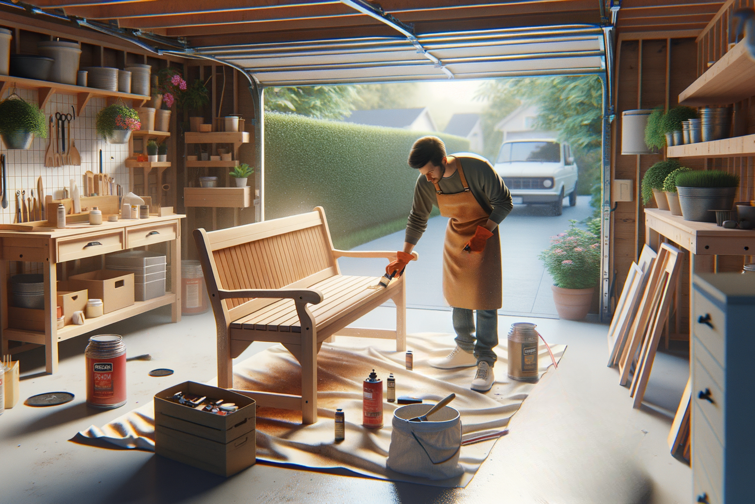 Person in garage staining a bench.