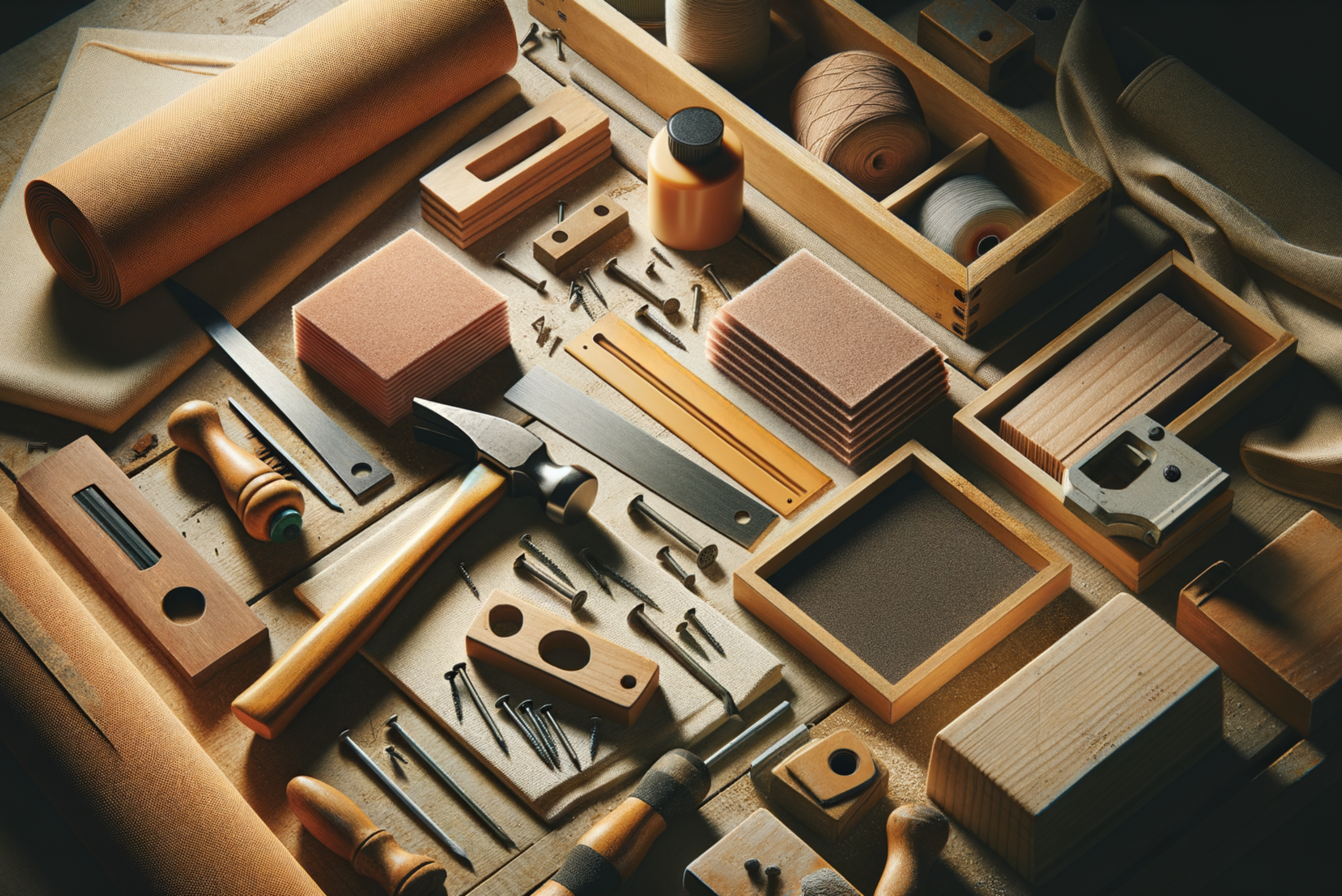 Assortment of tools laid out on bench.