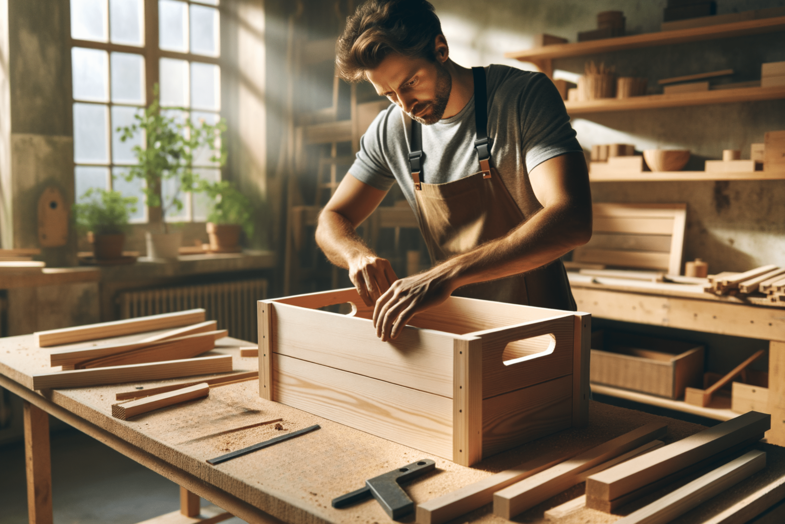 Person putting together a DIY planter box in workshop.