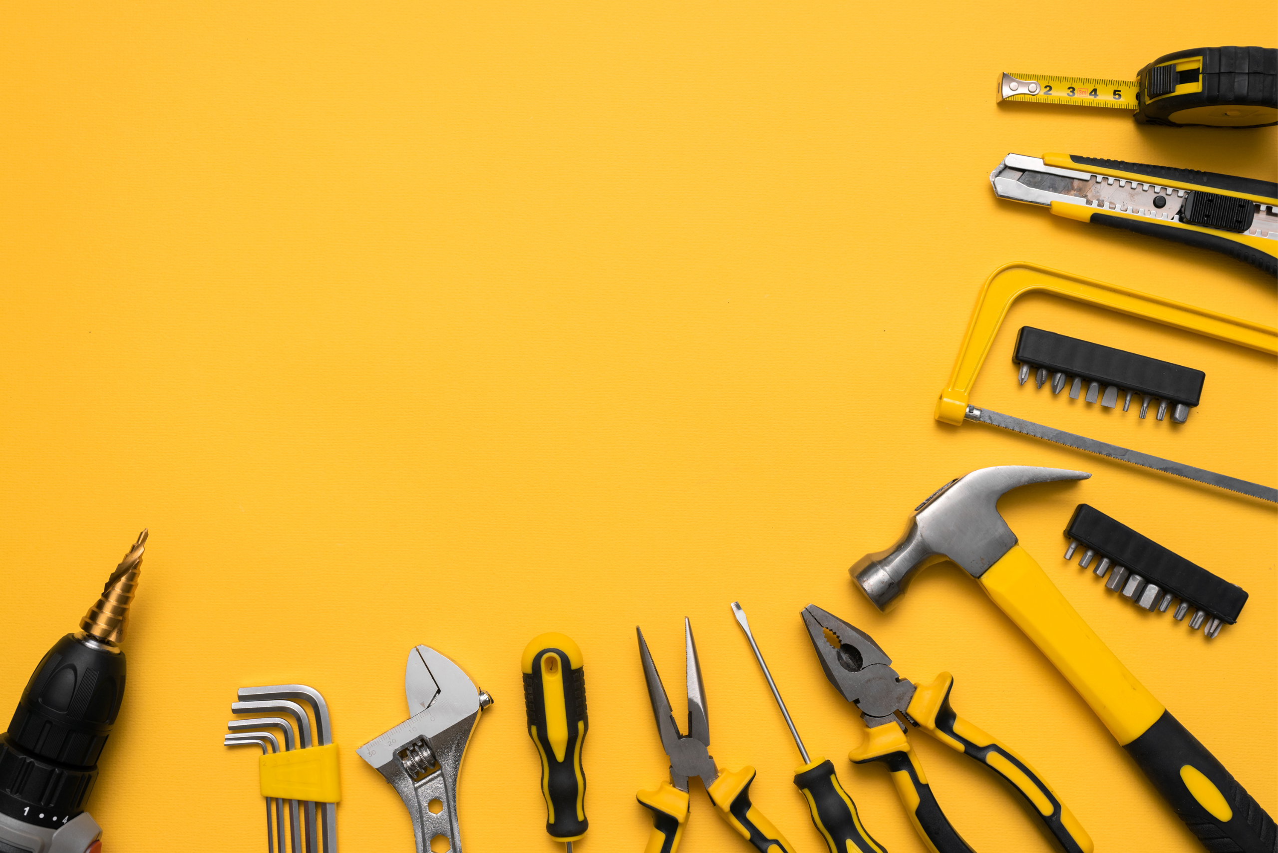 Selection of tools on a yellow background.