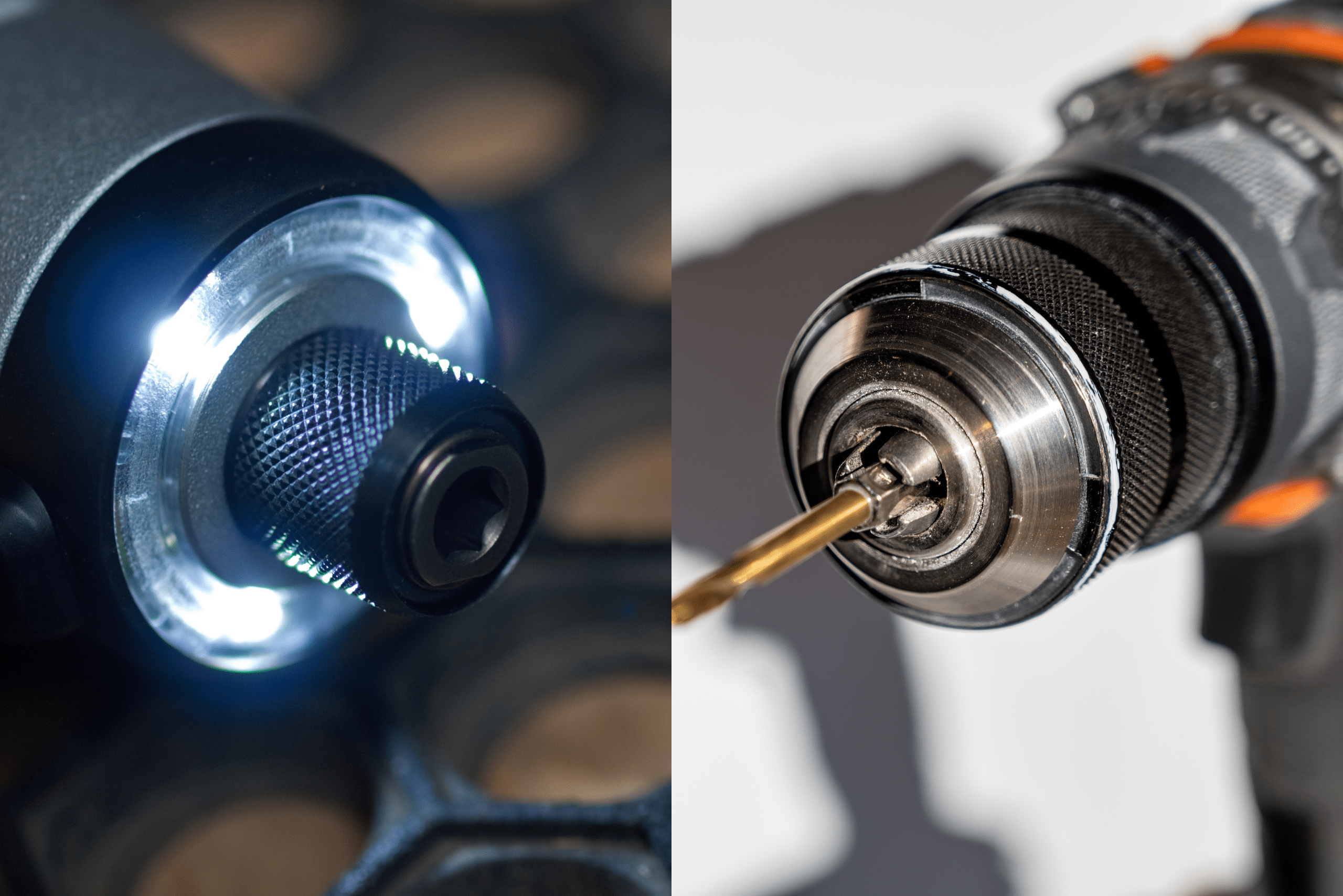 Closeup of impact driver on the left and a closeup of a drill on the right.