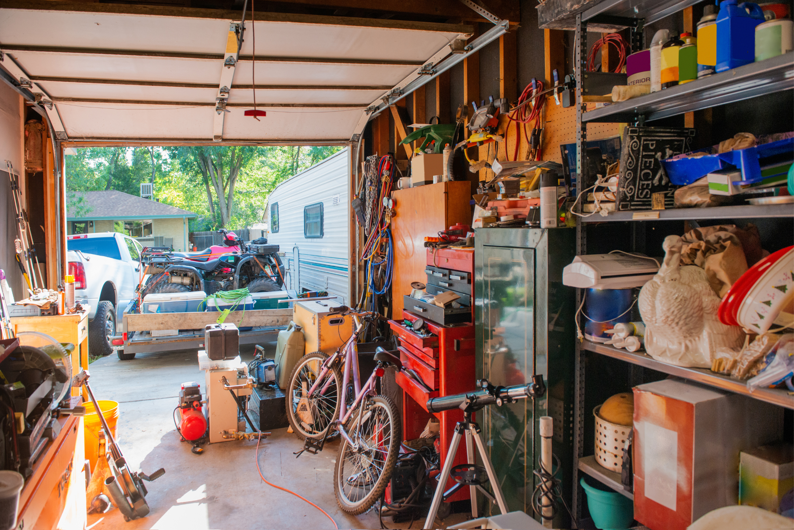 Cluttered garage.