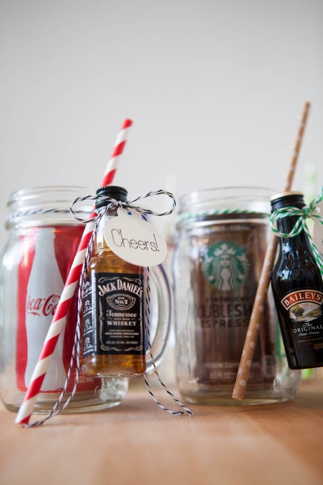 mason jar cocktail gifts with coke jack daniels and baileys