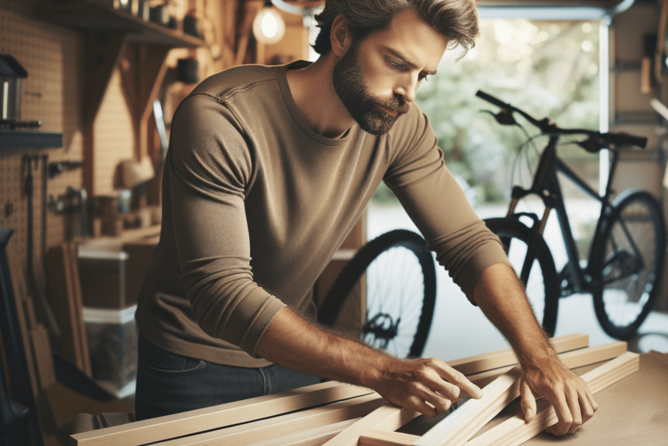 Man putting together pieces of wood on a bench for DIY garage bike rack.