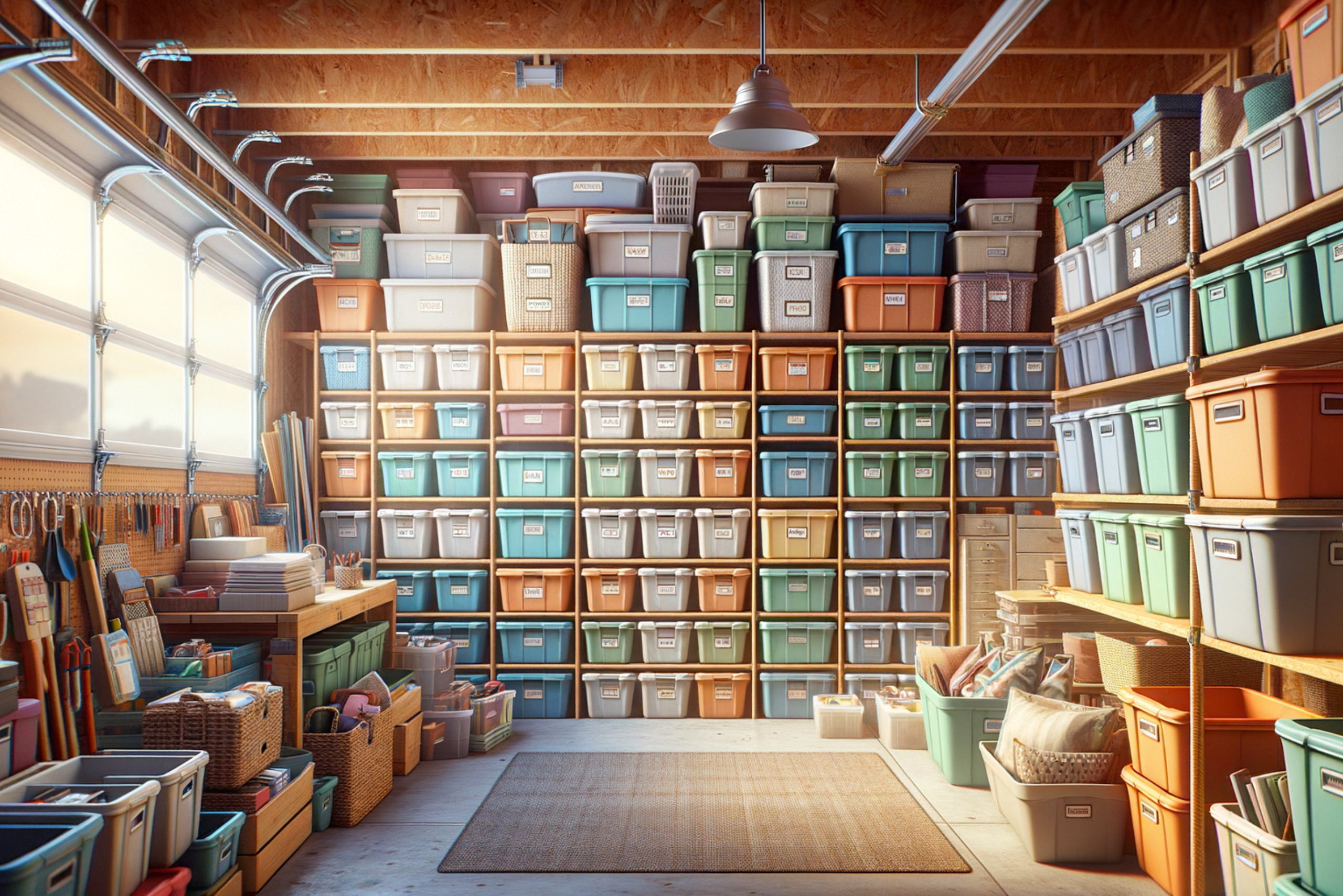 Garage with labelled bins on shelves.