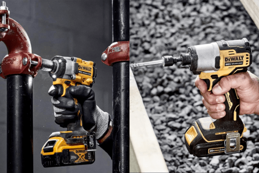 Impact wrench on the left tightening bolt while an impact driver on the right drives lag bolt into wood.