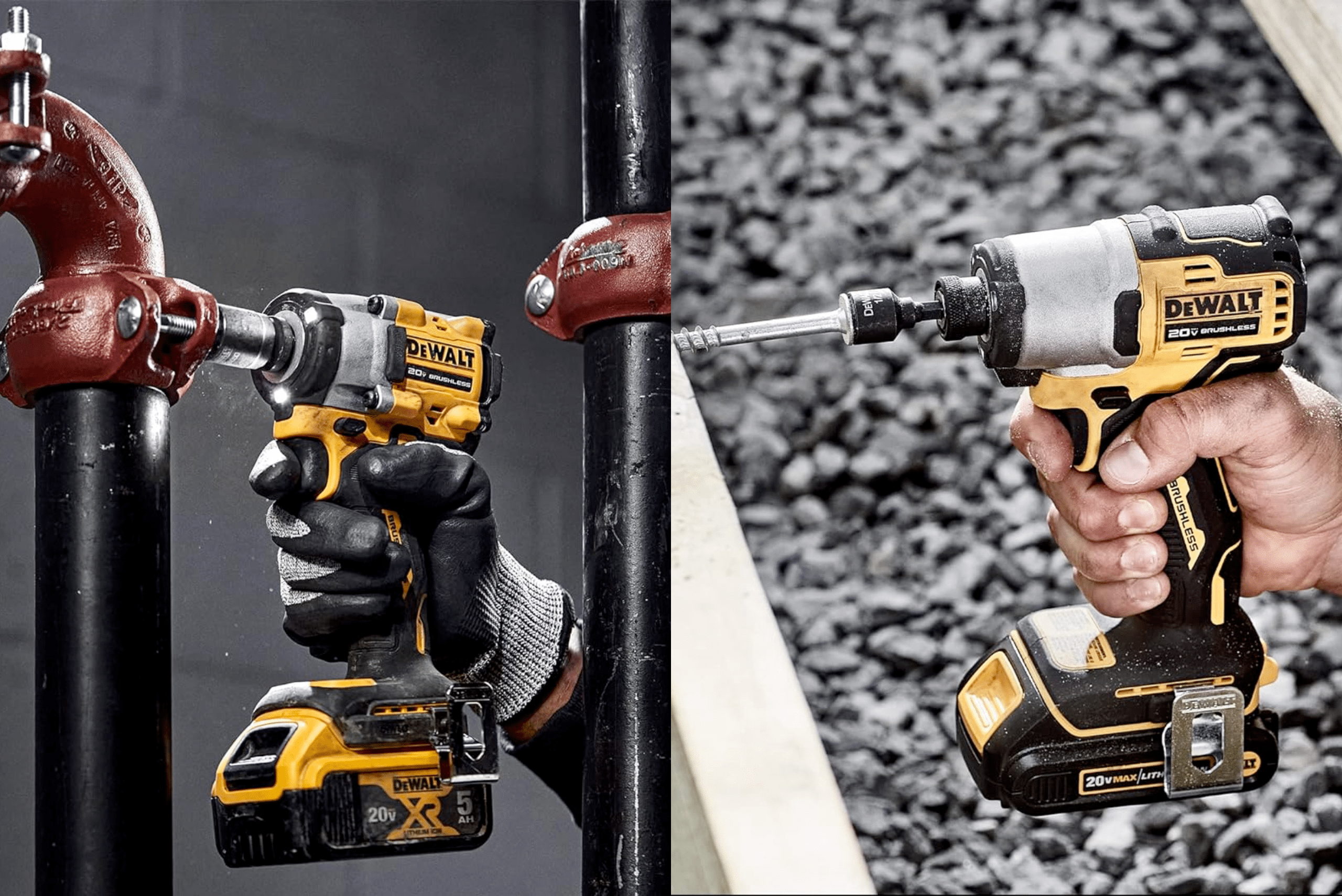 Impact wrench on the left tightening bolt while an impact driver on the right drives lag bolt into wood.