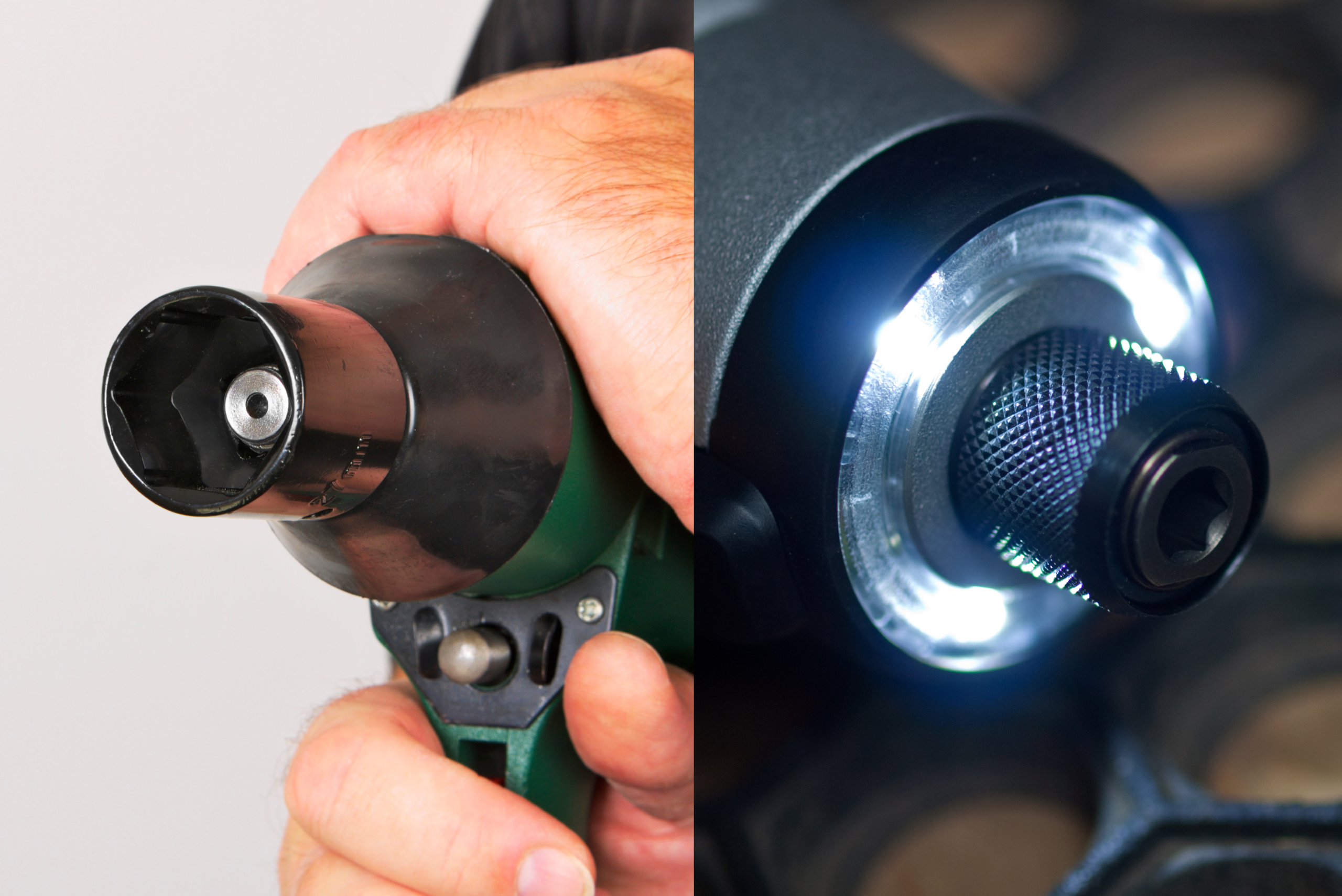 Person holding an impact wrench on the left while the right picture is a closeup of the hex portion of an impact driver.