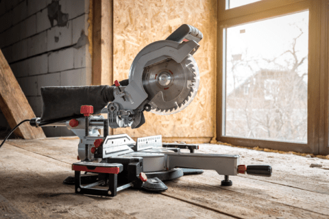 Miter saw in a building mid construction.