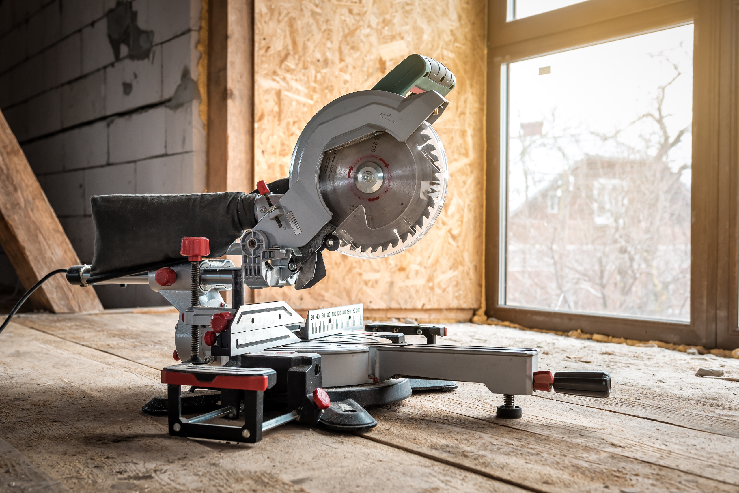 Miter saw in a building mid construction.