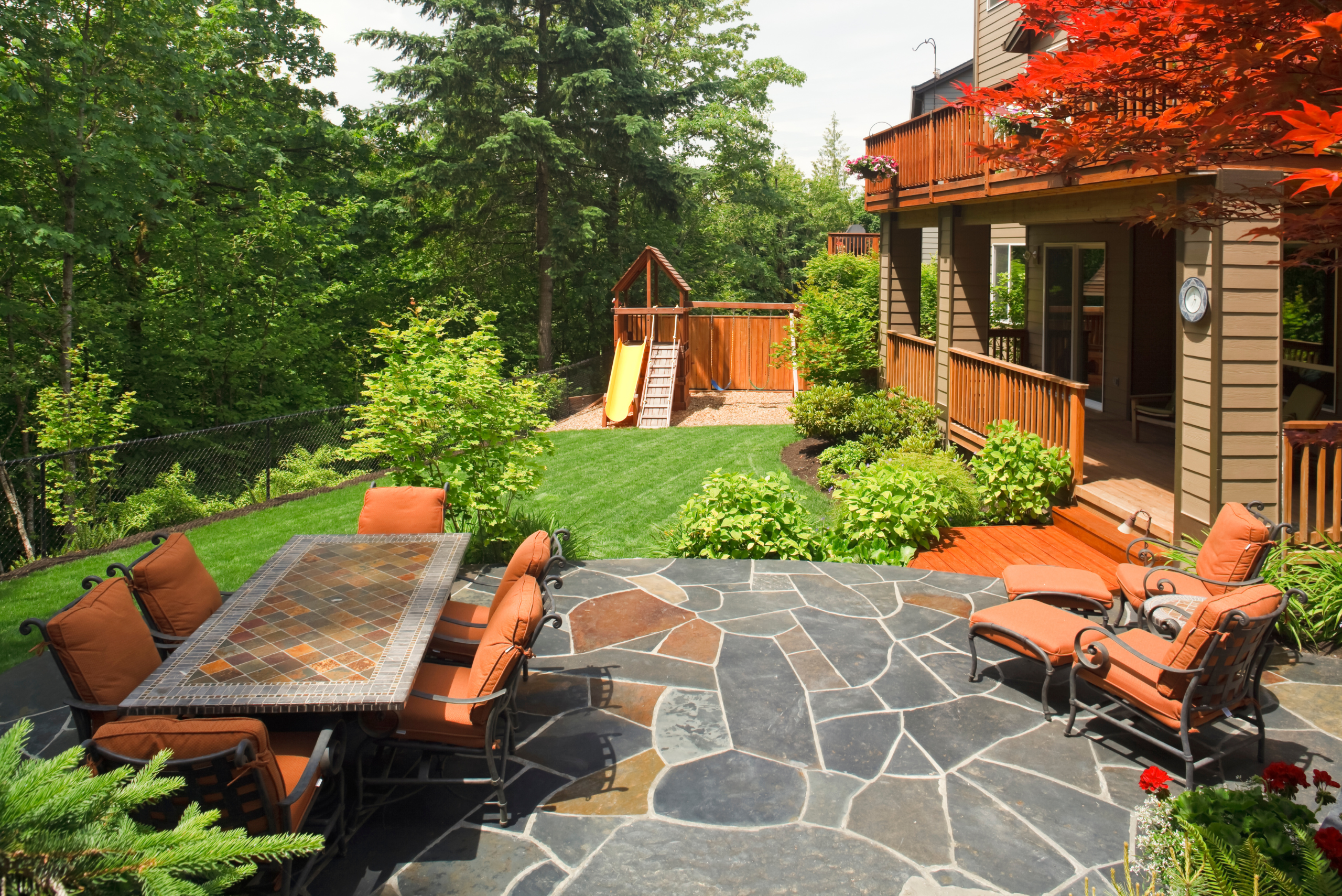 Backyard patio with green landscaping.