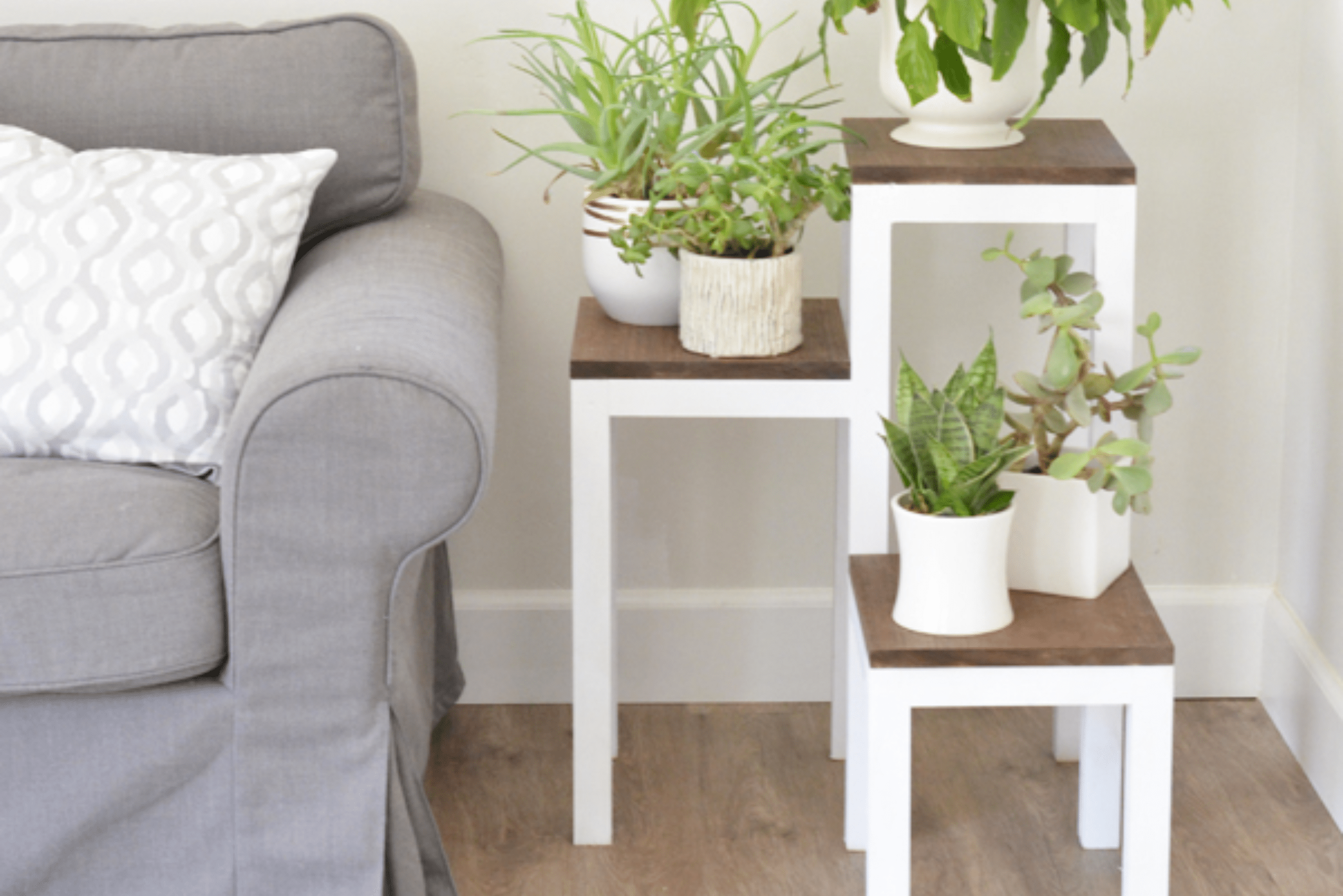 Three plant stands with white legs and wooden tops holding plants.