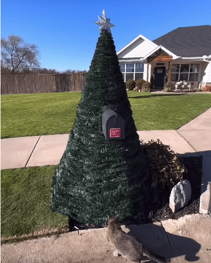 Garland wrapped around a mailbox to create a Christmas tree.