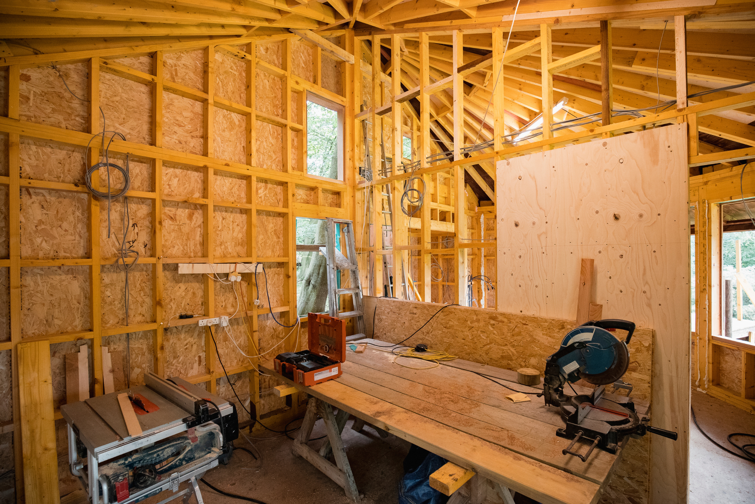 Inside of a treehouse mid construction.